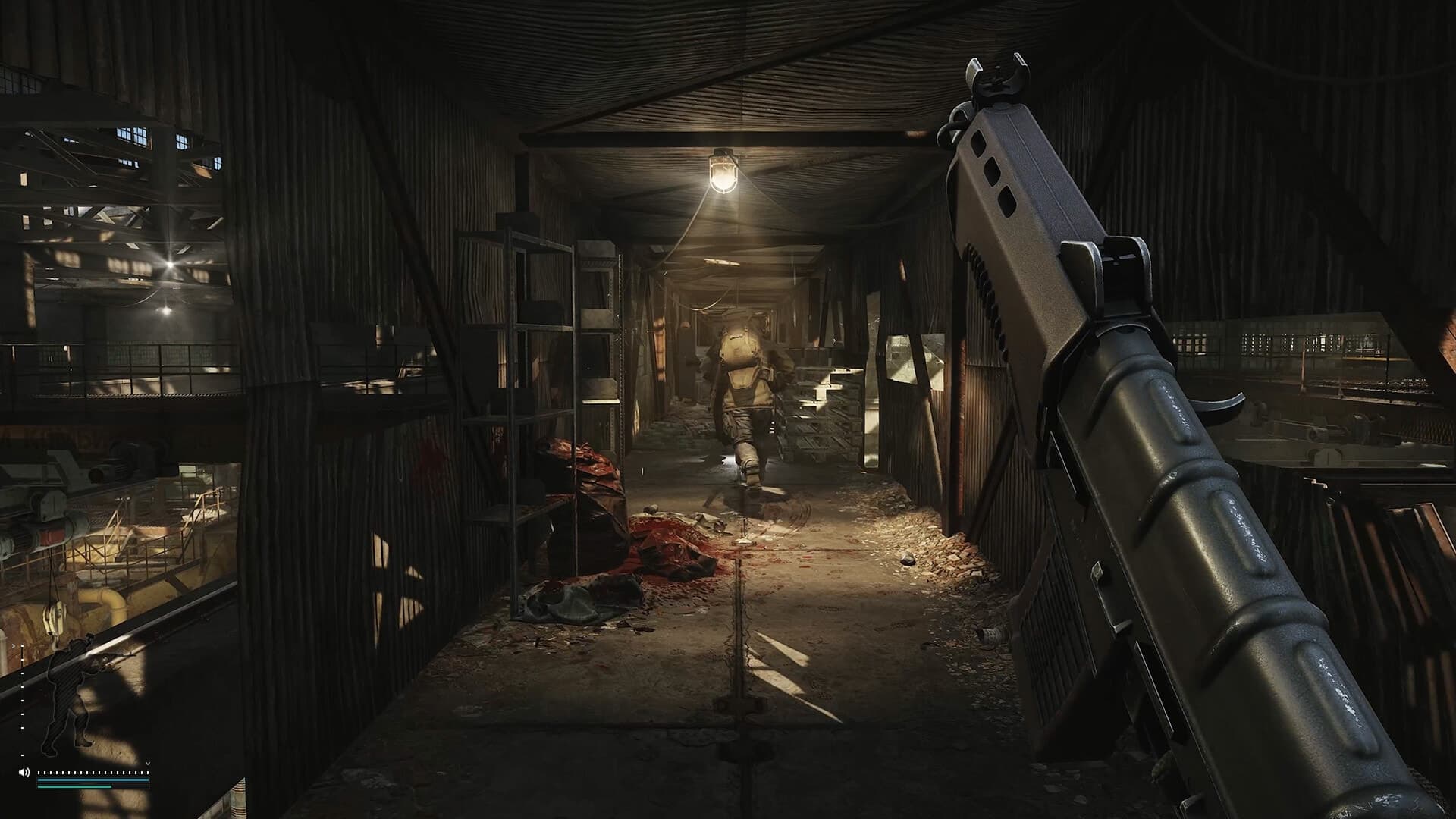 Исходный кадр Escape from Tarkov в темном промышленном помещении до обработки PostFX
