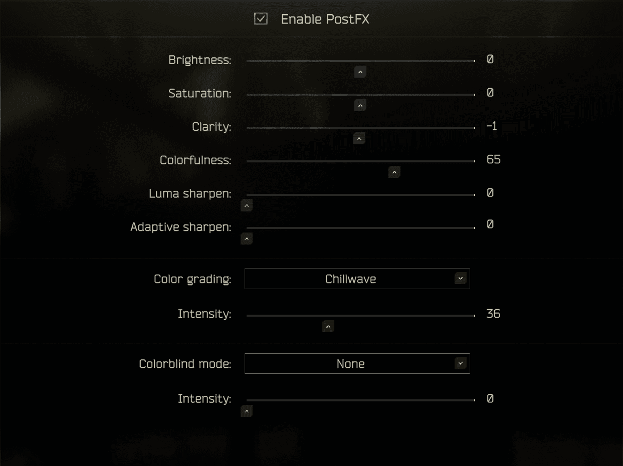 Меню PostFX Escape from Tarkov с ползунками яркости, чёткости, резкости и цветокоррекции